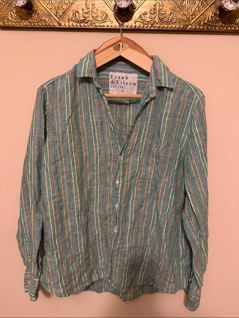Frank & Eileen Eileen Linen Striped Button Down Shirt Green Rainbow Large L